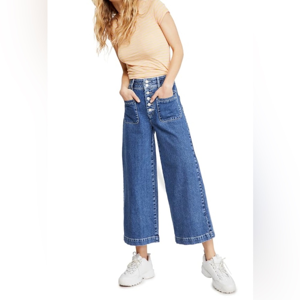 Free People Button-Front Wide Leg Jeans in Medium Blue